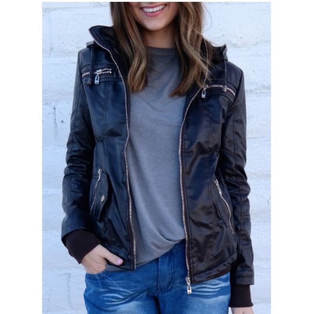 Chic Hooded Faux Leather Jacket